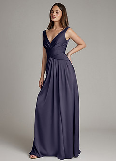 Azazie Pauline Robes de demoiselle d'honneur Robe Trapèze en Satin extensible Plissée Bleu Orageux image7