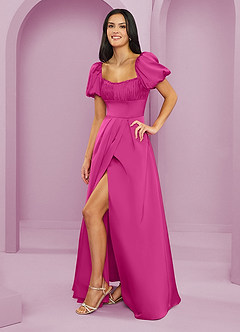 Barbie ♥ Azazie Vestidos de damas de honor Vestido de Fucsia de Satén Elástico de Corte en A con Volante image3