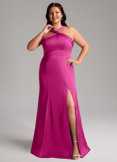 Azazie Rue Bridesmaid Dresses Fuchsia A-Line Pleated Stretch Satin Dress image8