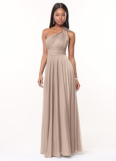 Azazie Charlize Final Sale Taupe A-Line One Shoulder Mesh Dress image2