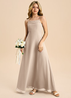 Azazie Anselie Junior Taupe A-Line Off the Shoulder Chiffon Dress image7