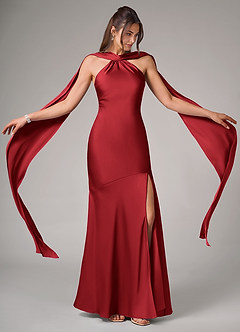 Azazie Kinsley Robes de demoiselle d'honneur Robe Sirène en Satin extensible Fente latérale Écarlate image2