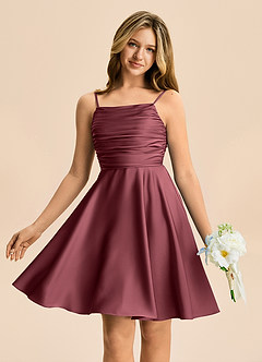 Azazie Miko Junior Merlot A-Line Pleated Stretch Satin Dress image1