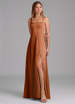 Azazie Rosaline Robes de demoiselle d'honneur Robe Trapèze en Satin extensible Fente Latérale Cuivre image4