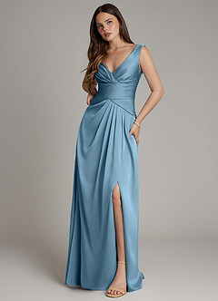 Azazie Pauline Vente finale Robe Trapèze en Satin extensible Plissé Acier Bleuté image5