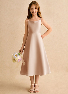 Azazie Jaella Girls Formal Blomsterpigekjoler A-Line Plisseret Mat satin Te-længde Kjole image5