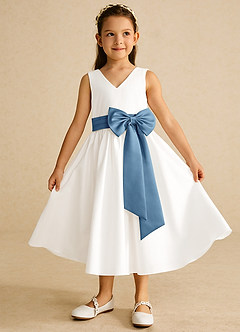 Azazie Darling vestidos de niña de las flores Vestido de Marfil Azul Acero de Algodón de Corte En A con Lazo image2