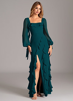 Azazie Candice Final Sale Pine A-Line Long Sleeve Chiffon Dress image5