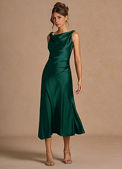 Azazie Midi Dresses Sheath Wedding Guest Semi-Formal Dresses Cowl Emerald