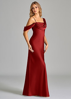Azazie Celina Vestidos de madrinha de casamento Vestido Romã de Cetim elástico de Bainha com Fora do ombro image4