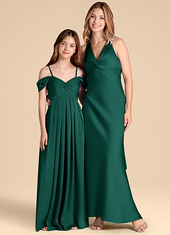 Azazie Kaitlynn Junior Emerald A-Line Off the Shoulder Stretch Satin Dress image3