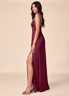 Azazie Aqua Bridesmaid Dresses Mulberry A-Line V-Neck Pleated Stretch Satin Dress image5