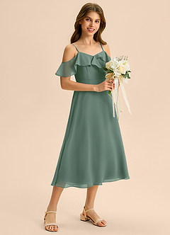 Azazie Kamilla Junior Eucalyptus A-Line Off the Shoulder Chiffon Dress image5