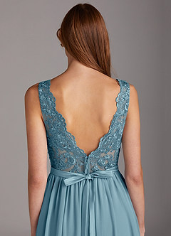 Azazie Elly Bridesmaid Dresses Moody Blue A-Line Lace Scoop Neck Chiffon Dress image4