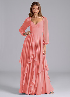 Azazie Karan Bridesmaid Dresses Coral A-Line Long Sleeve Chiffon Dress image3