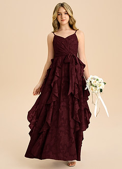 Azazie Peyton Junior Vestido de Cabernet de Devorado Floral de Corte en A con Plisado image1