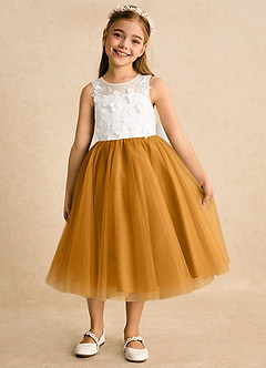 Azazie Lina Flower Girl Dresses Ivory Butterscotch Ball-Gown Lace Dress image5