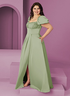 Barbie ♥ Azazie Bridesmaid Dresses Dusty Sage A-Line Ruched Stretch Satin Dress image9