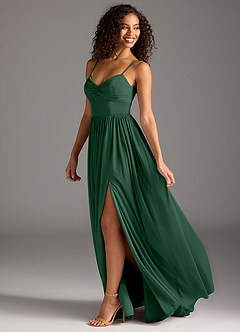 Azazie Zeya Bridesmaid Dresses Dark Green A-Line Pleated Mesh Dress image1