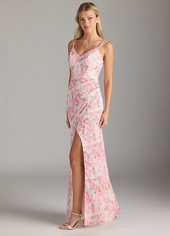 Azazie Leo Bridesmaid Dresses Abstract Watercolor Floral Mermaid V-Neck Pleated Chiffon Dress image4