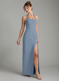 Azazie Arnelle Bridesmaid Dresses Dusty Blue Sheath Pleated Chiffon Dress image3