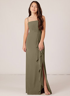 Azazie Kaylee Junior Abito A-Line in Chiffon Con Cintura Willow Green image1