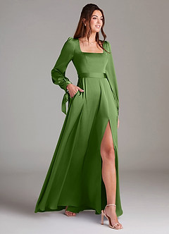 Azazie Leonia Bridesmaid Dresses Basil A-Line Long Sleeve Stretch Satin Dress image4