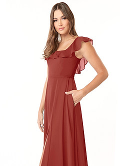 Azazie Jinny Jurken voor bruidsmeisjes Jurk van Chiffon met A-Lijn Vierkante halslijn gerimpeld Terracotta image5