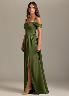 Azazie Calianna Bridesmaid Dresses Olive A-Line Off the Shoulder Stretch Satin Convertible Dress image6