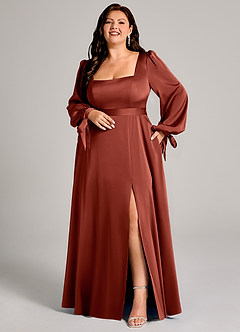 Azazie Leonia Robes de demoiselle d'honneur Robe Trapèze en Satin extensible Manche longue Terracotta image8