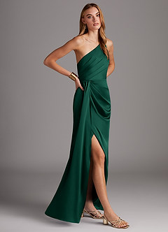 Azazie Mika Bridesmaid Dresses Emerald Sheath One Shoulder Stretch Satin Dress image4