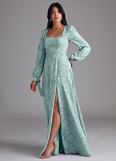 Azazie Leonia Brautjungfernkleider A-Linie Langarm Blumen-Burnout Kleid Nebel image2