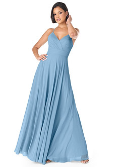 Azazie Avelina Bridesmaid Dresses Steel Blue A-Line V-Neck Pleated Chiffon Dress image1