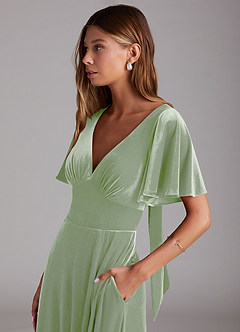 Azazie Kimber Robes de demoiselle d'honneur Robe Trapèze en velours avec poches Vert Sauge image6