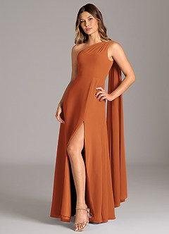 Azazie Tella Vestidos de damas de honor Vestido de Canela de Gasa de Corte en A con Hombro unilateral image3