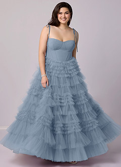 Barbie ♥ Azazie Vestidos de damas de honor Vestido de Azul Polvoriento de Tul de Corte en A con Escote de Corazón image6