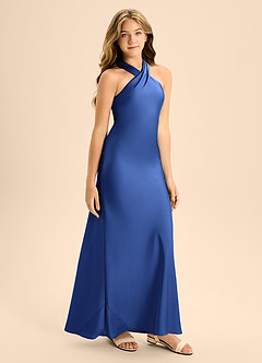 Azazie Doretta Junior Vestido de Azul Real de Satén Elástico de Corte En A con Plisado image6