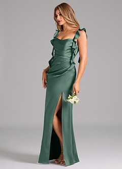 Azazie Jessamine Bridesmaid Dresses Eucalyptus A-Line Corset Stretch Satin Dress image5