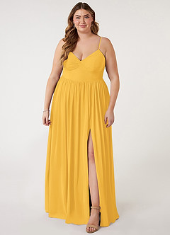Azazie Zeya Bridesmaid Dresses Marigold A-Line V-Neck Pleated Chiffon Dress image6