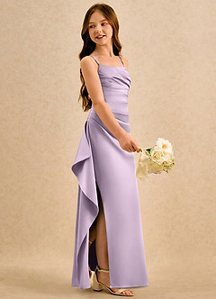 Azazie Cannoli Girls Formal Robe Demoiselle D'honneur Fillette Robe Trapèze en Mat Satiné Plissée Frostiges Flieder image4