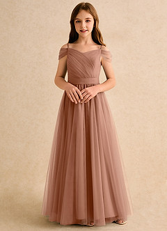 Azazie Yuna Girls Formal Abiti da Ragazza di Fiori Abito A-Line in Tulle Spalle Scoperte Bronzo image4