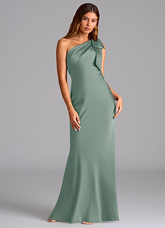 Azazie Yuanna Bridesmaid Dresses Silver Sage Mermaid One Shoulder Stretch Satin Dress image3