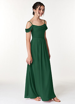 Azazie Alivia Junior Dark Green A-Line Off the Shoulder Chiffon Dress image3