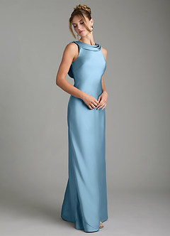 Azazie Aussie Bridesmaid Dresses Steel Blue Sheath Pleated Stretch Satin Dress image5
