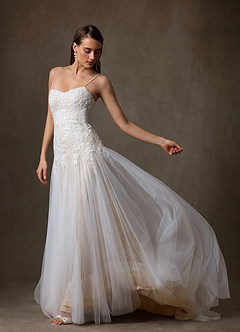 Azazie Lumina At-home Try On Dresses Diamond White Champagne A-Line Sweetheart Neckline Lace Dress image5