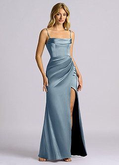 Azazie Auden Robes de demoiselle d'honneur Robe Fourreau Convertible en Satin extensible Épaule décolletée Bleu Poussiéreux image3