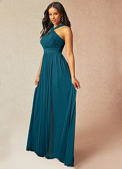 Azazie Hillian Bridesmaid Dresses Ink Blue A-Line Halter Pleated Mesh Dress image3