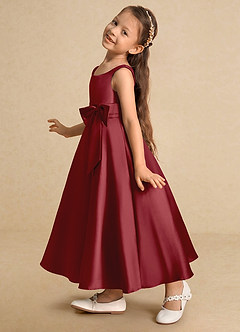 Azazie Lindy Flower Girl Dresses Pomegranate A-Line Pleated Matte Satin Dress image8