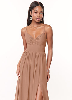 Azazie Zeya At-home Try On Dresses Champagne Rose A-Line V-Neck Pleated Chiffon Dress image5
