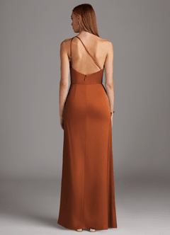 Azazie Mika Bridesmaid Dresses Cinnamon Sheath One Shoulder Stretch Satin Dress image2